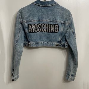 HM x Moschino rhinestone logo cropped denim jacket
